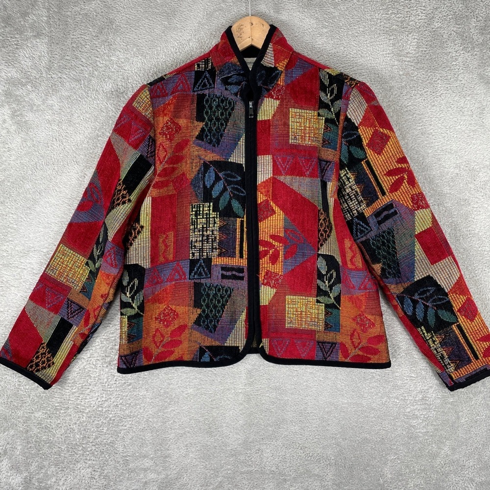 Vintage Coldwater Creek Tapestry Jacket Women Petite XS Red Boho Artwear Zip Y2K